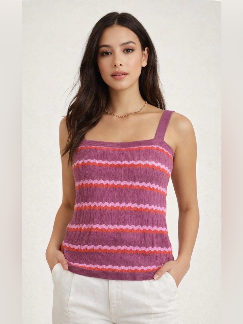 The Loft Outlet Small Ribbed Knit Tank Top Purple Pink Red Coral Striped Chevron